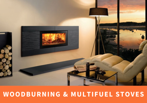 An image of a woodburing stove with the wording 'Woodburning & multifuel stoves'
