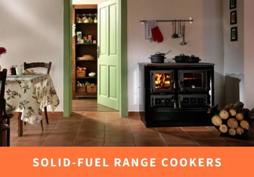 An image of a range cooker with the wording 'Solid-fuel range cookers'