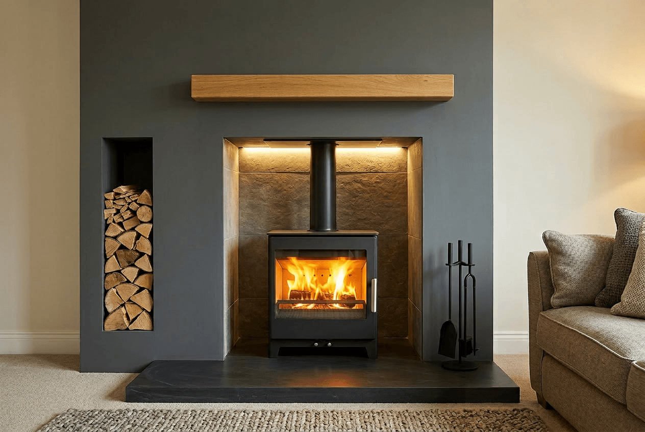 Modern Brightwell 500FS L 5KW multi-fuel stove burning brightly in a dark fireplace with log storage and seating