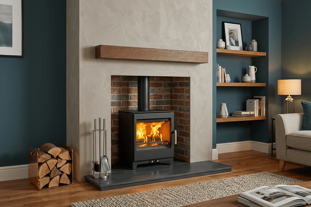 A Brightwell 500FS L 5KW multi-fuel stove burns brightly in a brick fireplace with log storage and steel tools.
