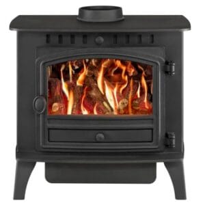 The black Hunter Herald 6 gas fire shows bright flames behind the glass door and a classic cast-iron style.