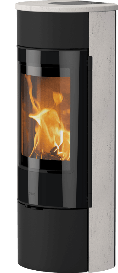 Lotus Prestige Magic 40 limestone wood stove with a glass front displaying flames.