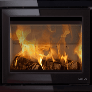 Black multifuel stove with flames visible through the glass front, showcasing a log fire inside.