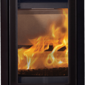 Lotus wood burning stove with a glass front displaying flames and logs inside.