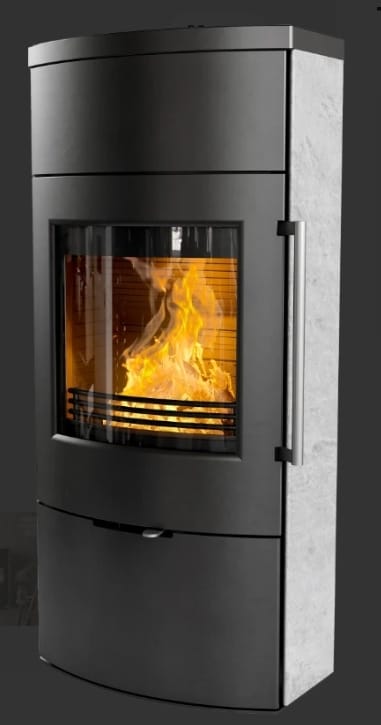 Contemporary wood stove featuring a glass front and visible flames inside.