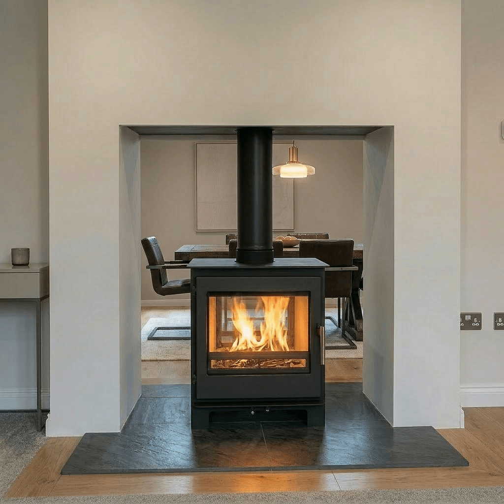 Modern Brightwell 900 double sided stove burning brightly between two rooms, with a wide viewing window and central flue