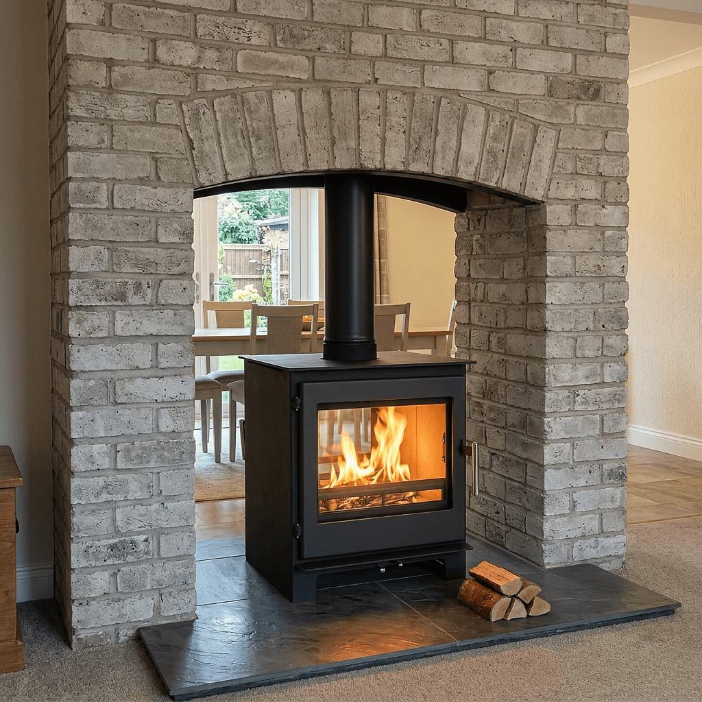 Brightwell 900 double sided stove burning brightly in a brick fireplace dividing two rooms with a clear flame view