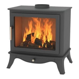 Black wood-burning stove with a glass front displaying flames and logs inside.