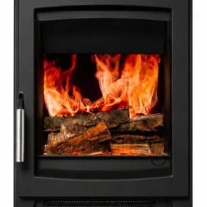 The Parkray Aspect 5 Pure Flame Electric Stove shows a black freestanding stove with realistic flames, a log bed and a large glass viewing window.