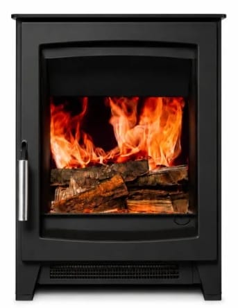The Parkray Aspect 5 Pure Flame Electric Stove shows a black freestanding stove with realistic flames, a log bed and a large glass viewing window.