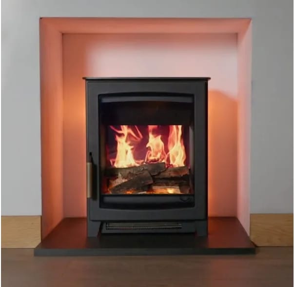 Black Parkray Aspect 5 Pure Flame Electric Stove with realistic flame effects and glowing ember bed, creating a modern electric fire display.