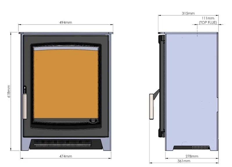 Parkray Aspect 5 Pure Flame Electric Stove technical drawing with front and side dimensions, showing the 494mm wide, 618mm high electric stove.