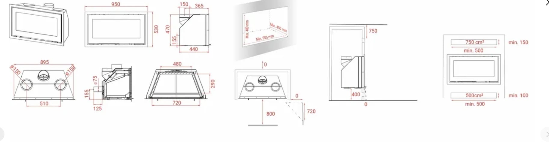 Technical drawings show the Lotus H470W Wide Inset Black Magic Stove in several views, with measurements and installation clearances.