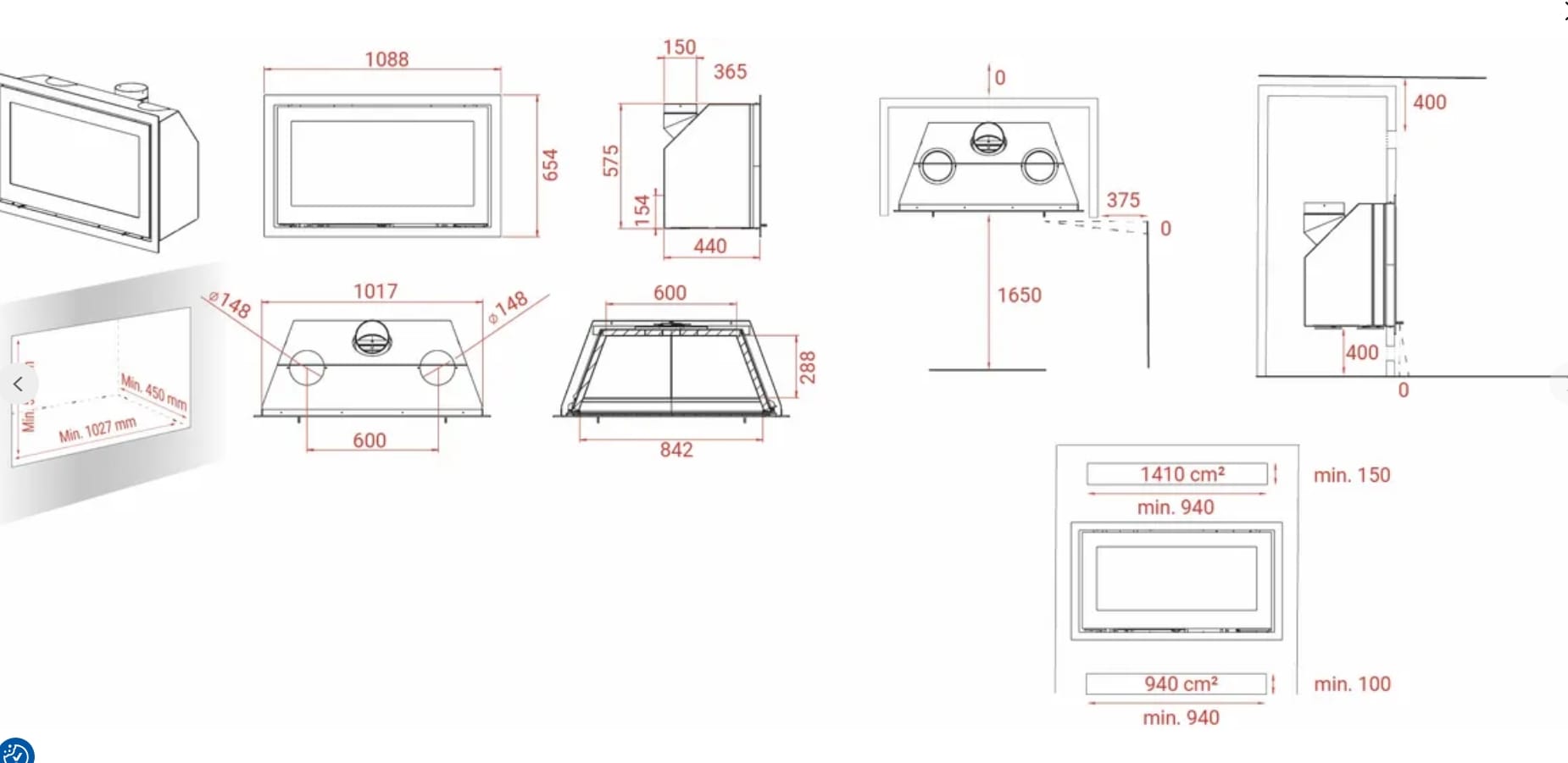 Technical drawings show the Lotus H570W Wide Black Magic inset stove in front, side and top views, with measurements for fitting and ventilation.